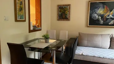 a dining room with a table and a couch at Sunčani Apartman in Brzeće