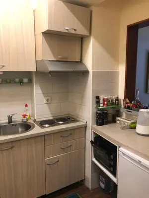 a kitchen with a sink and a stove top oven at Sunčani Apartman in Brzeće