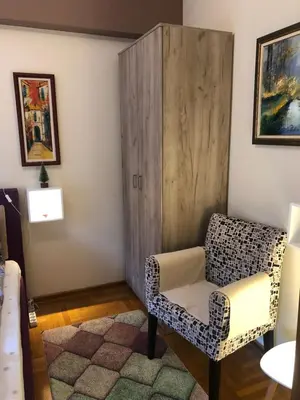 a room with a chair and a wooden cabinet at Sunčani Apartman in Brzeće