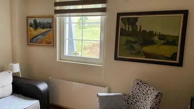 a room with a window and a chair and a picture at Sunčani Apartman in Brzeće