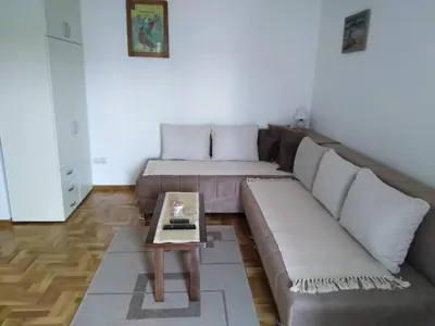 a living room with a couch and a coffee table at Apartment Laća in Vrnjačka Banja