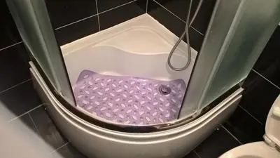 a shower with a purple floor in a bathroom at Nidza Vranjanac in Vrnjačka Banja