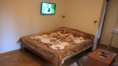 a bed in a room with a tv on a wall at Nidza Vranjanac in Vrnjačka Banja