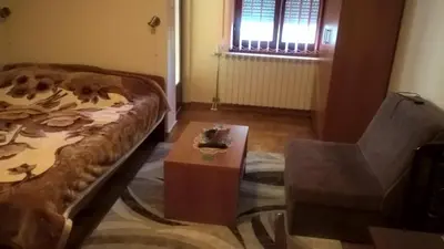 a living room with a bed and a coffee table at Nidza Vranjanac in Vrnjačka Banja