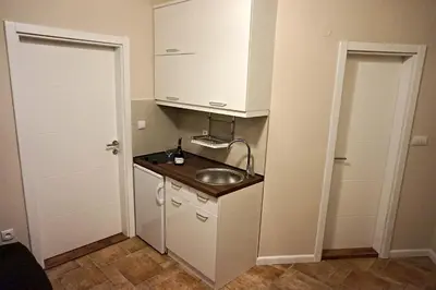 a small kitchen with a sink and white cabinets at Vila Plan 404 in Kopaonik