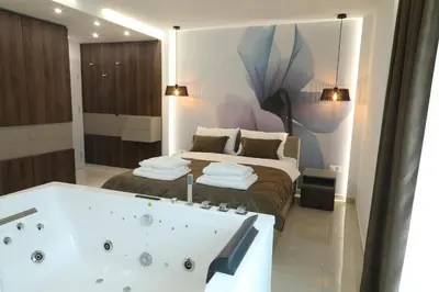 a bathroom with a bath tub and a bed at Princ Apartment in Niš