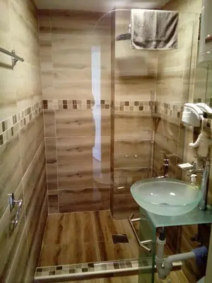 a bathroom with a sink and a glass shower at Kuća Popović Apartments in Niš