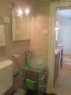 a bathroom with a green sink and a toilet at Kuća Popović Apartments in Niš