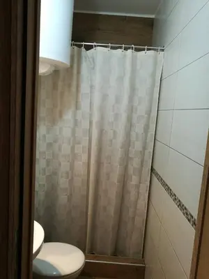 a bathroom with a toilet and a shower curtain at Apartmani Gmitrovic in Rtanj