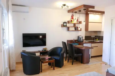 a kitchen and living room with a table and chairs at DM apartment in Niš