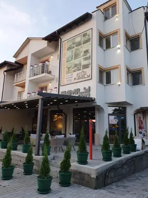 a building with potted trees in front of it at Family Apartments in Zaječar