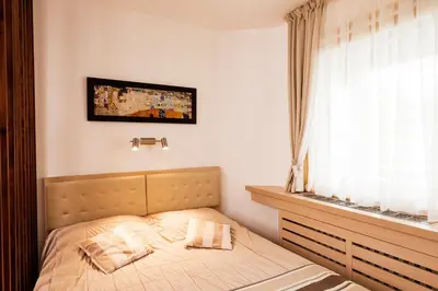 a bed with two pillows in a bedroom with a window at Premia Apartments Konaci in Kopaonik