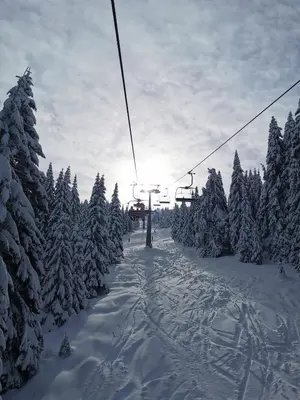 a ski lift in the middle of a snow covered forest at Premia Apartments Konaci in Kopaonik