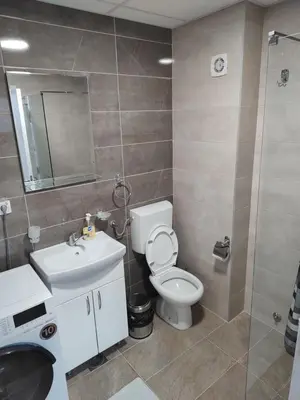a bathroom with a toilet and a sink and a shower at Tea Studio Apartments in Niš