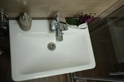 a white sink with a faucet and flowers on it at Apartments & Dream Rooms in Niš
