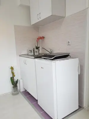 a white kitchen with a sink and a stove at Vila Stefanovic in Soko Banja