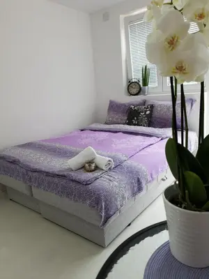 a bedroom with a purple bed and a vase with flowers at Vila Stefanovic in Soko Banja