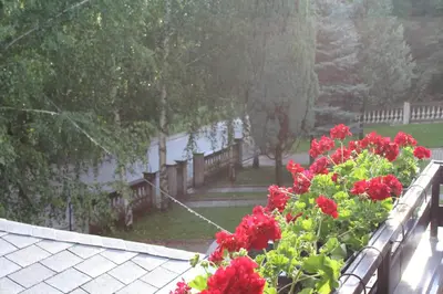 a garden with red flowers on a balcony at Hotel Danica in Vrnjačka Banja