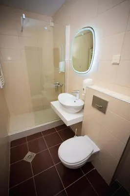 a bathroom with a toilet and a sink and a shower at Hotel Danica in Vrnjačka Banja