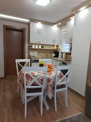 a kitchen with a table with chairs and a refrigerator at Apartmani Nik Lux in Vrnjačka Banja