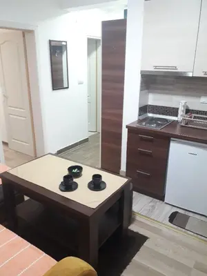 a kitchen with a coffee table and a stove at Apartmani Nikola u vili Semeteš in Kopaonik
