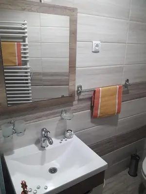 a bathroom with a white sink and a mirror at Apartmani Nikola u vili Semeteš in Kopaonik
