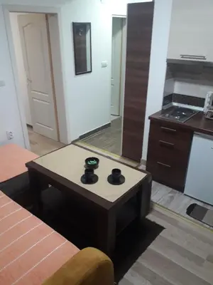 a living room with a coffee table and a kitchen at Apartmani Nikola u vili Semeteš in Kopaonik