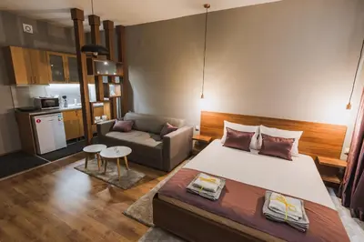 a bedroom with a large bed and a couch at Central Plaza Apartments in Niš