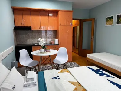 a small room with two beds and a table and chairs at IWA CENTAR Apartments & Wellness in Vrnjačka Banja