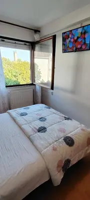 a bedroom with a large bed with two windows at Ćele-kula Apartment in Niš