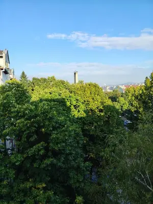a group of trees with a tower in the background at Ćele-kula Apartment in Niš