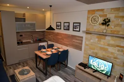 a kitchen and dining room with a table and a tv at Apartman Sladjana Premier 12 Milmari in Kopaonik