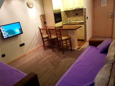 a living room with a couch and a table and a kitchen at Apartment Superior Centar in Kopaonik