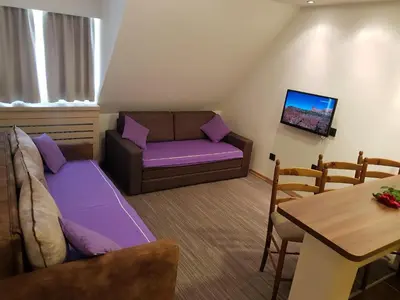 a living room with a couch and a table at Apartment Superior Centar in Kopaonik