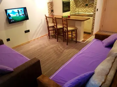 a room with two beds and a table and a tv at Apartment Superior Centar in Kopaonik