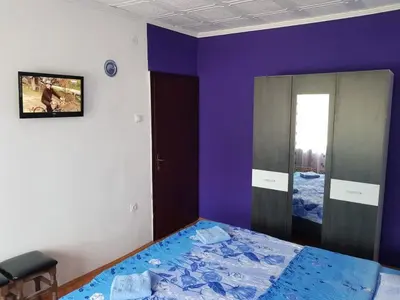a bedroom with a bed and a purple wall at Felix Apartment in Soko Banja