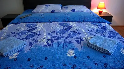 a blue bed with a blue and white bedspread at Felix Apartment in Soko Banja