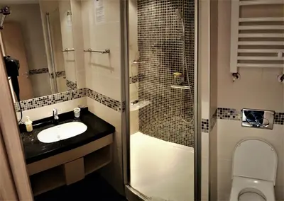 a bathroom with a shower and a sink and a toilet at Angella Konaci Kopaonik in Kopaonik