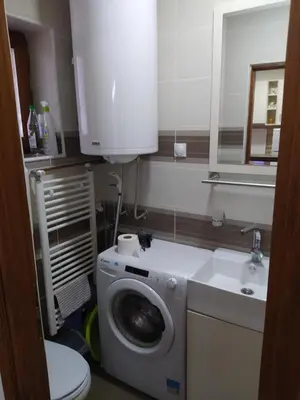 a bathroom with a washing machine and a sink at Vila Žubor in Crni Vrh