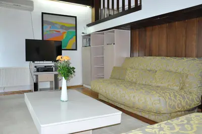 a living room with a couch and a tv at Hotel Simpo Pržar in Vranje
