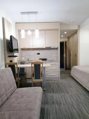 a living room with a couch and a bed and a kitchen at Apartman Konaci Maglic in Kopaonik