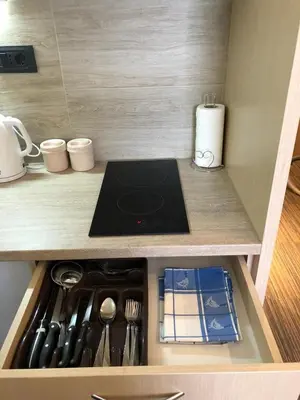 a kitchen counter with a stove top in a drawer at Apartman Viktor in Kopaonik