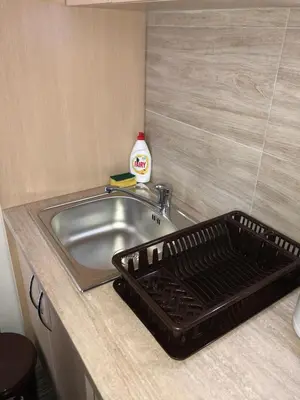 a kitchen sink with a black basket next to it at Apartman Viktor in Kopaonik