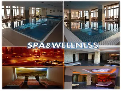 a collage of four pictures of a swimming pool at Ogi & Una Premijer 42 in Kopaonik