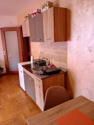 a small kitchen with a sink and a counter at Apartman Radmanovac in Vrnjačka Banja