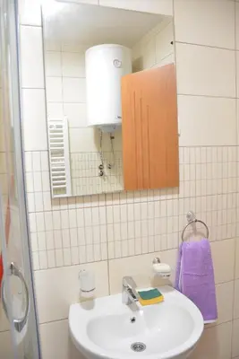 a bathroom with a sink and a mirror at Apartman Radmanovac in Vrnjačka Banja