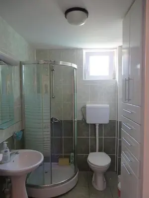 a bathroom with a shower and a toilet and a sink at Bisa in Soko Banja