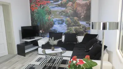 a living room with a couch and a tv at Guest House Pavlovic in Soko Banja