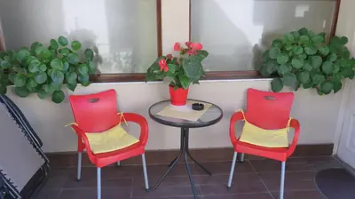 two red chairs and a table with a plant at Guest House Pavlovic in Soko Banja