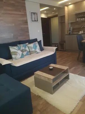 a living room with a blue couch and a coffee table at Apartman Lux Kopaonik in Kopaonik